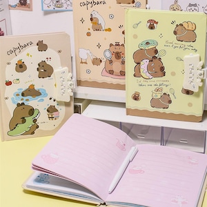 Libreta con candado de capibara / Contraseña fija / Lindo diario con 80 páginas / Diario secreto para niños / 19 x 13,5 cm / Páginas rayadas de colores