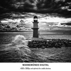 Warnemünde pier light in black and white, digital wallpaper for mobile tablet and desktop