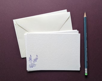 Floral Letterpress Flat Notecards / Notelets / Correspondence Cards. Pack of 6. Violet Ink. Ideal Gift. Printed Envelopes