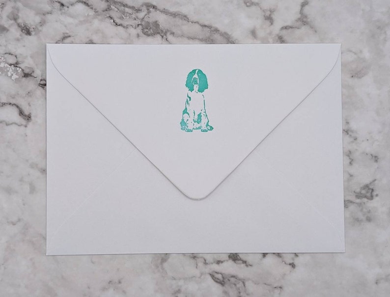 Springer Spaniel Dog Letterpress A6 Notecards / Notelets / Cartes de correspondance. Paquet de 6. Encre verte. Enveloppes imprimées en option image 3