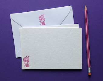 Rose Letterpress Flat Notecards / Notelets / Correspondence Cards. Pack of 6. Pink Ink. Ideal Gift. Floral. Optional Printed Envelopes