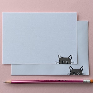 Cartes de correspondance/notes plates typographiques Peeking Cat/Cartes de correspondance. Paquet de 6. Encre noire. Cadeau idéal. Enveloppes imprimées