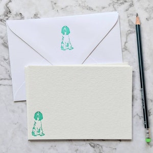 Springer Spaniel Dog Letterpress A6 Notecards / Notelets / Cartes de correspondance. Paquet de 6. Encre verte. Enveloppes imprimées en option Spaniel Printed