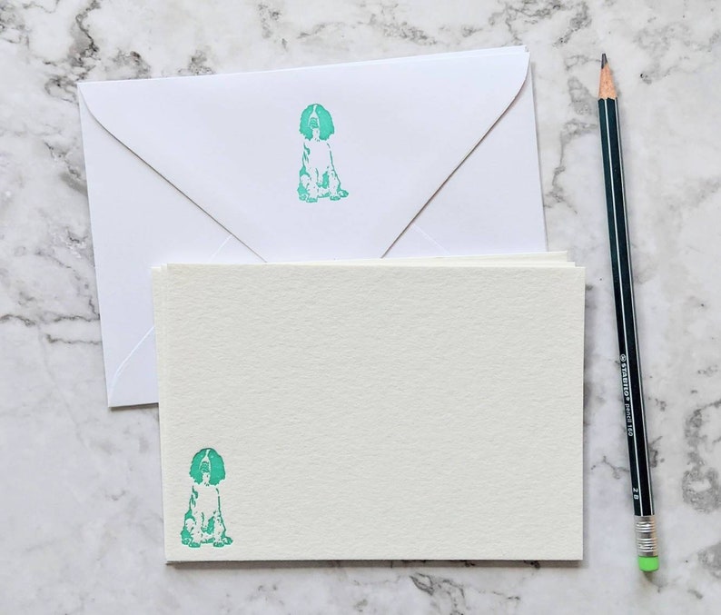 Springer Spaniel Dog Letterpress A6 Notecards / Notelets / Correspondence Cards. Pack of 6. Green Ink. Optional Printed Envelopes Spaniel Printed