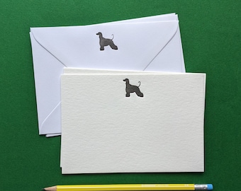 Afghan Hound Dog Letterpress A6 Flat Notecards / Notelets / Correspondence Cards. Pack of 6. Black Ink. Ideal Gift. Printed Envelopes