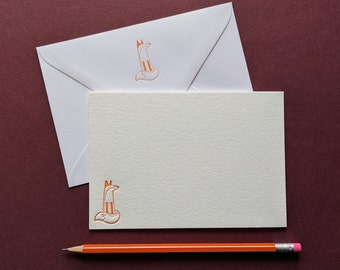Sitting Fox Letterpress Flat Notecards / Notelets / Correspondence Cards. Pack of 6. Orange Ink. Ideal Gift. Optional Printed Envelopes