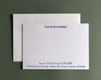 Personalised Family Letterpress Flat Notecards - Correspondence Cards - Address - Choice of Ink Colour.