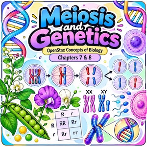 Puede incluir: Un póster educativo titulado Meiosis and Genetics OpenStax Concepts of Biology Chapters 7 & 8. Presenta ilustraciones coloridas de cadenas de ADN, plantas de guisantes, cuadros de Punnett, diagramas de división celular, cromosomas y espermatozoides.