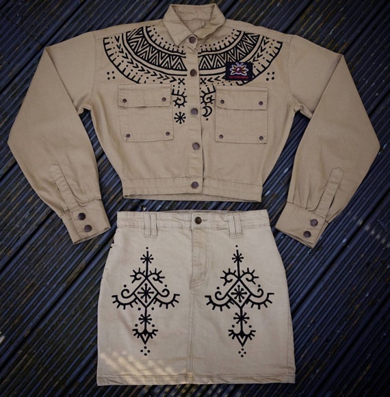 PaintMyDungarees Hand Painted Matching Denim Jacket and Skirt Co Ord Suit Set with Tribal Ornamental Pattern Tattoo Design