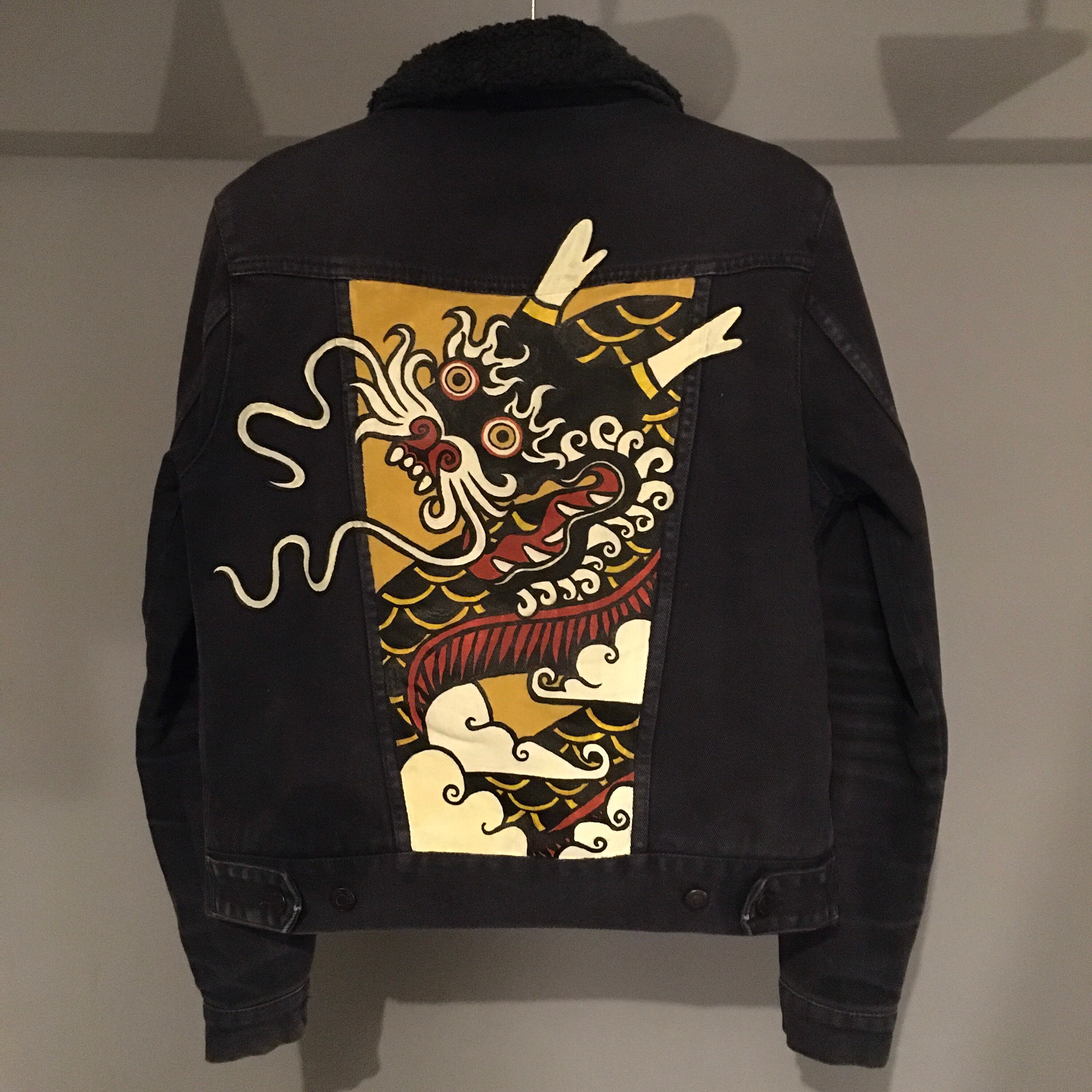 Hand Painted Denim Jacket with Dragon and Clouds Etsy
