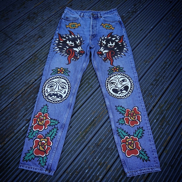 Hand Painted Custom Denim Jeans with Traditional Old School Wolf, Bert Grimm and Roses