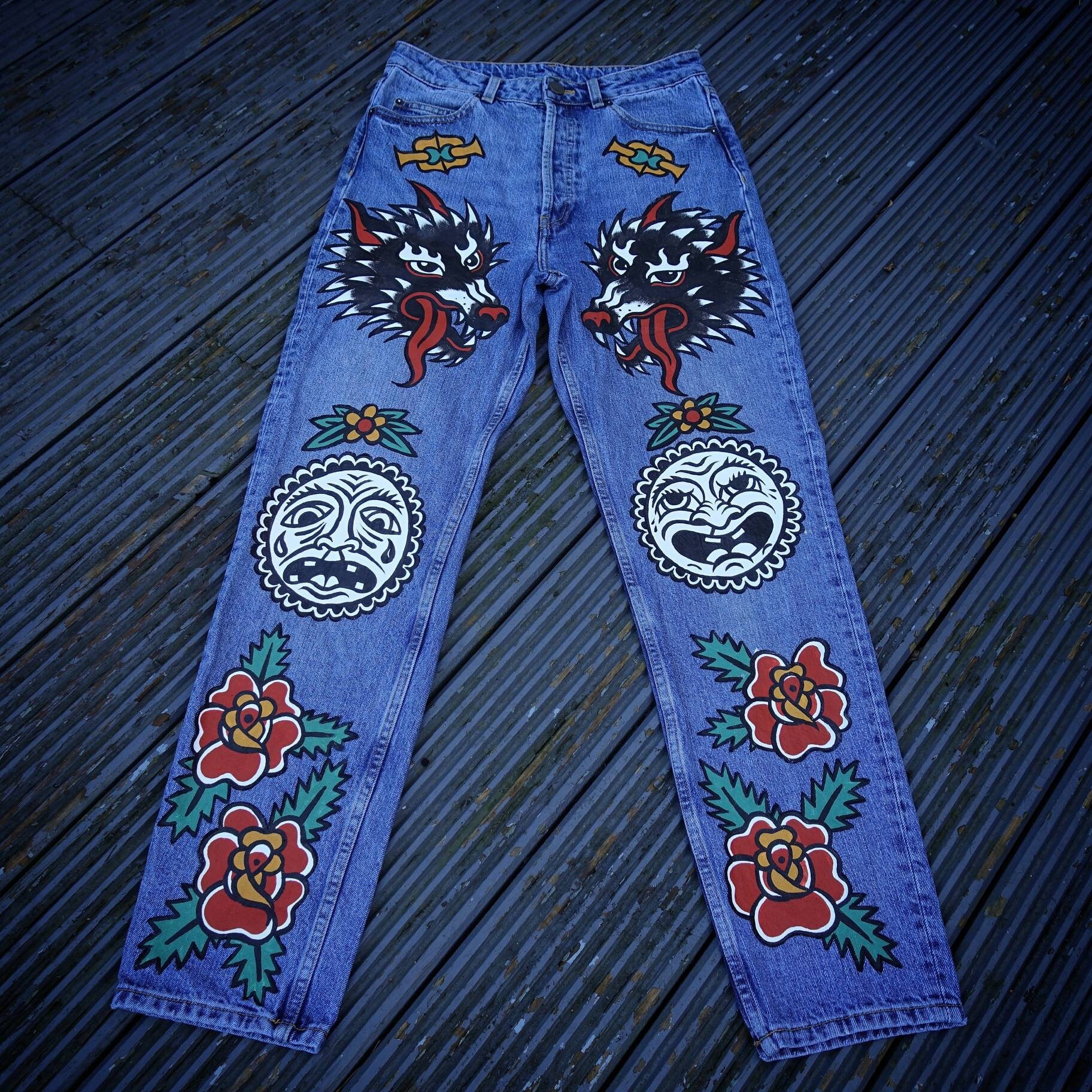 Hand Painted Custom Denim Jeans With Traditional Old School Wolf