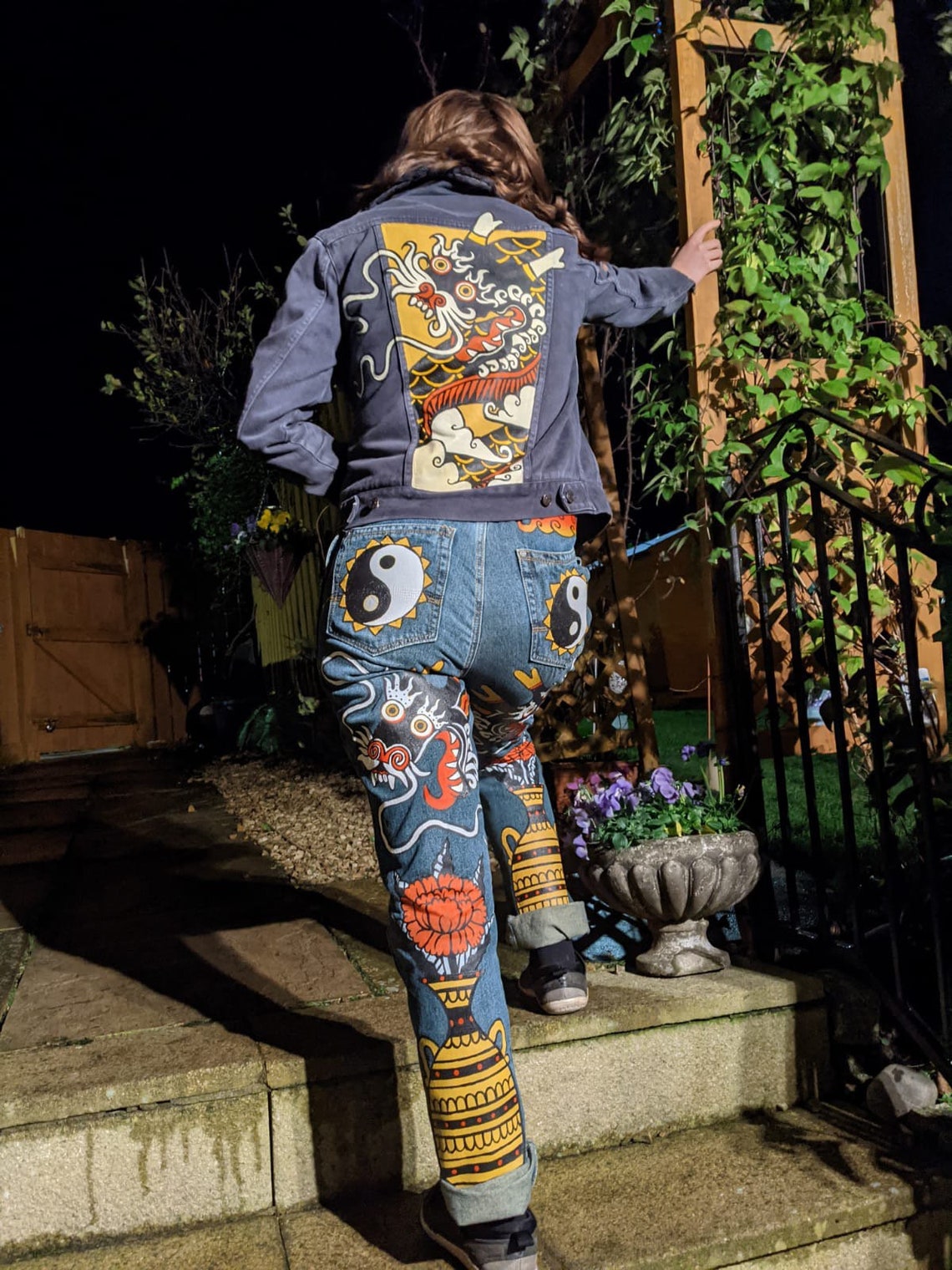 Hand Painted Denim Jacket with Dragon and Clouds Etsy