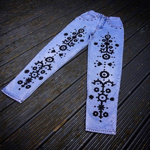 Hand Painted Vintage High Waisted Denim Jeans with Ornamental Tribal Tattoo Patterns