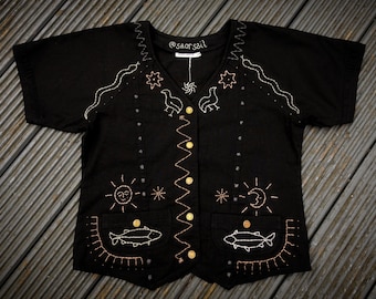 Hand Embroidered Vintage Blouse with Celtic and Pictish Ancient Scotland Symbols