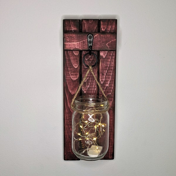 Rustic Wall Sconce with glass jar & string lights.