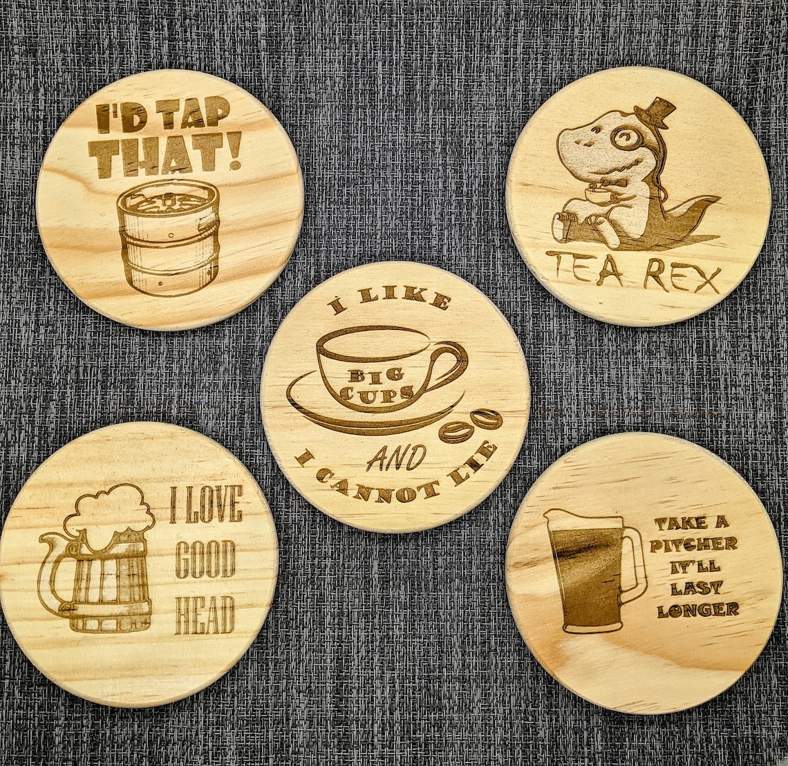 This set of 5 pun coasters allows you to choose the favorite style among 6 ones.