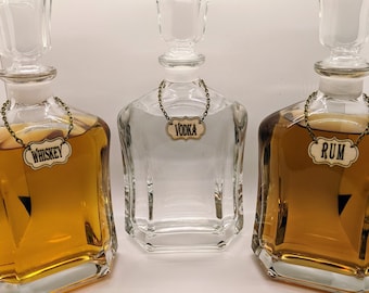 Wood Decanter Tags, labels. Liquor tags. Customizable. Laser Engraved. Hang on decanters or bottles. Gift box included!