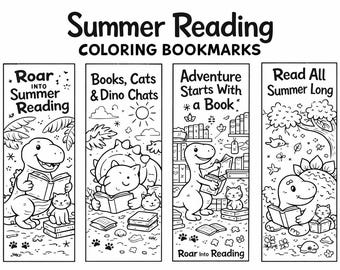 20 Dinosaur Reading Coloring Bookmarks Printable | Library Bookmark Coloring Pages | Summer Reading Program Activity | 5 Page