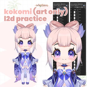 May include: A digital illustration of a cartoon character with blue eyes, pink hair, and a blue and white outfit. The character is wearing a blue bow and a blue and white dress with a star pattern. The text "kokomi (art only) 12d practice" is visible in the image.