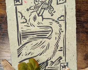 Linocut Print: "Egret Dinner", Print on Handmade Paper (5x7")
