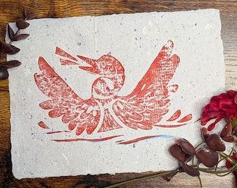 Grabado en linóleo: "Somormujo", Impresión sobre papel hecho a mano (7x5") GRADO B