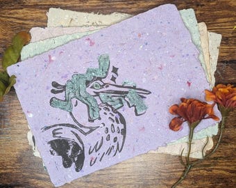 Linocut Print: "Savvy Heron", Print on Handmade Paper (7x5")