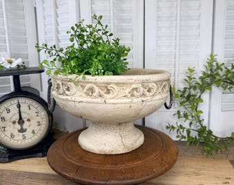 Vintage Pedestal Planter Urn with Metal Ring Handles
