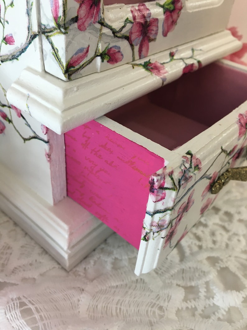 Refinished Jewelry Box Upcycled Jewelry Box Bedroom Vintage Floral Pink Cherry Blossom Flowers Wood Jewelry Box