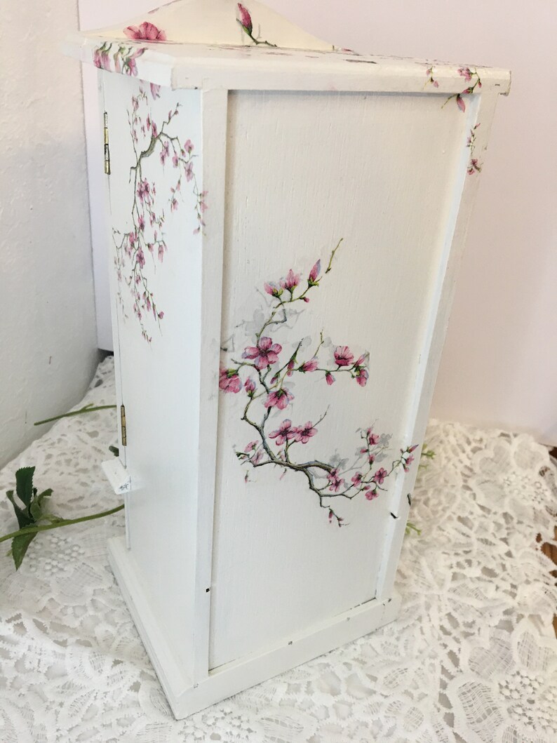 Refinished Jewelry Box Upcycled Jewelry Box Bedroom Vintage Floral Pink Cherry Blossom Flowers Wood Jewelry Box