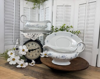 Vintage Johann Haviland, Dainty Blue Floral Garland Gravy Boat, Silver Scalloped Edging
