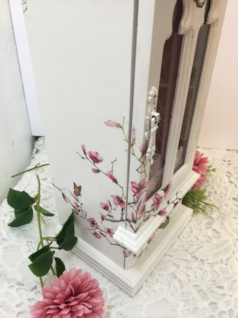 Refinished Jewelry Box Upcycled Jewelry Box Bedroom Vintage Floral Pink Cherry Blossom Flowers Wood Jewelry Box
