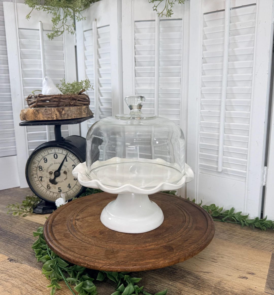 Vintage Small White Maioliche Jessica Pedestal Cake Stand with Glass Cloche Dome, Italy