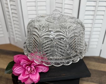 Vintage Crystal 5th Avenue Pedestal Cake Stand Plate with Cloche Dome, Chips and Dip or Veggies and Dip or Punch Bowl