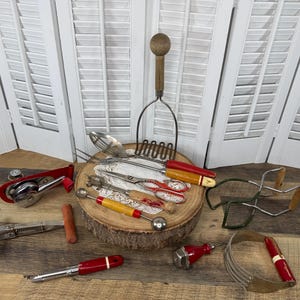 Vintage Set of 12 Kitchen Utensils with Wood Red Handles, Scissors, Can Opener, Masher, Dough Blender, Chopper, Peeler, Spoon, Melon Baller