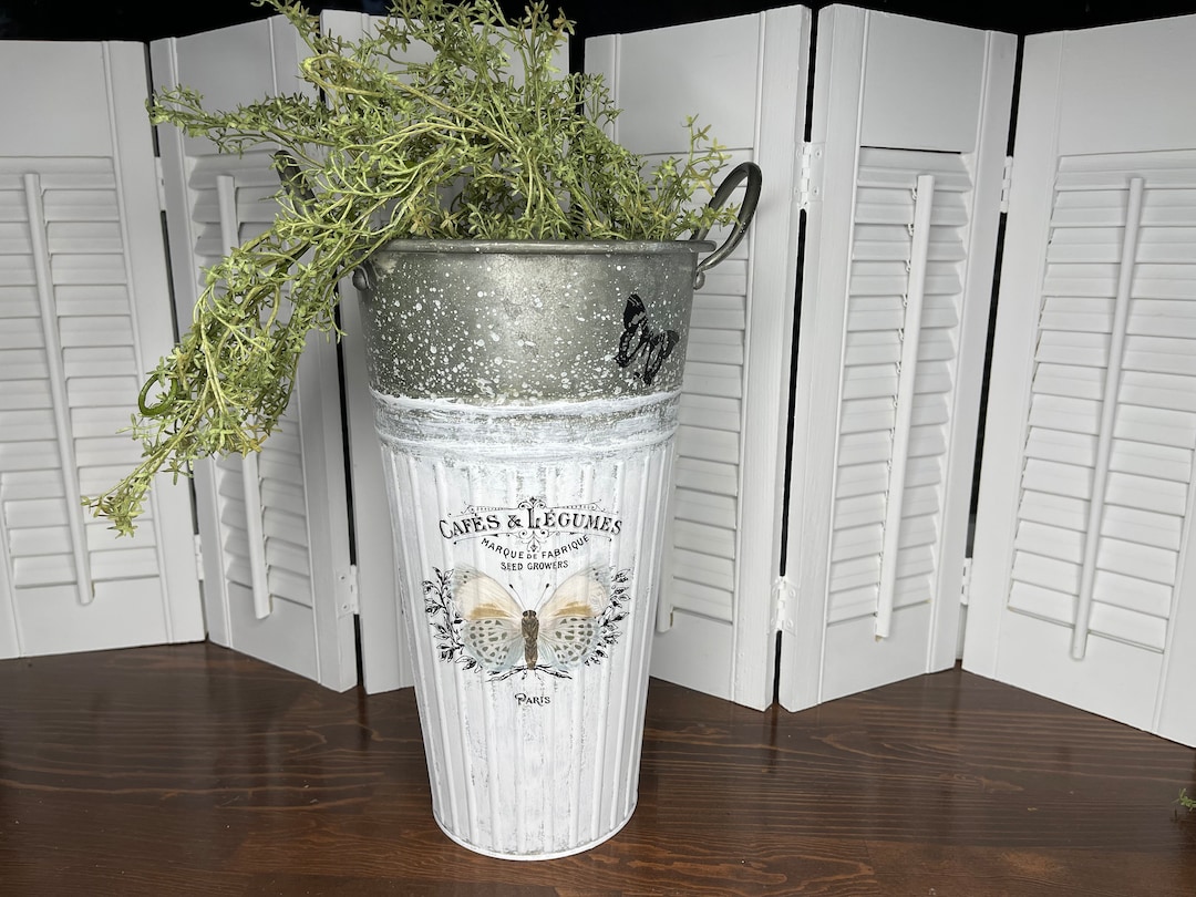 Tall Vintage Looking Metal Vase Bucket With Handles Etsy