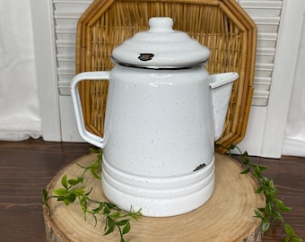 Vintage Metal Enamel Cowboy Coffee Pot White Black Trim Farmhouse Antique