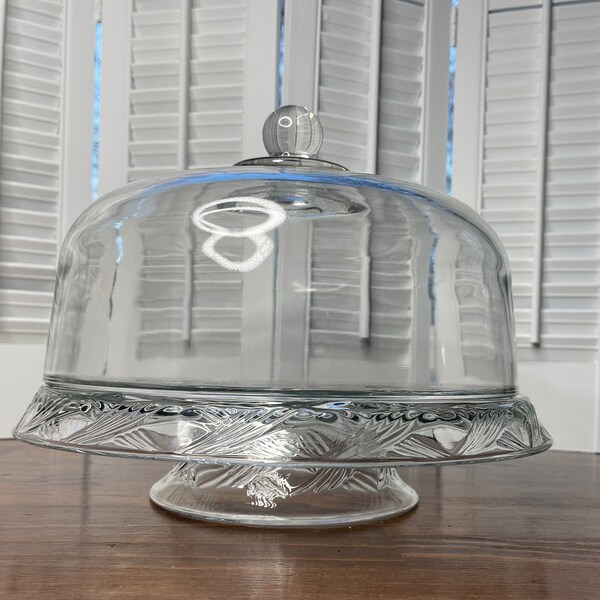 Vintage Anchor Hocking Ribbed Pedestal Cake Stand with Cloche Dome, Plate-Doubles as Punch Bowl