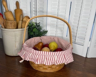 Rustic Woven Basket Cloth Fabric Lined Red Ticking Striped with Handle, Country Farmhouse