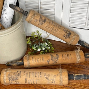 Wood Rolling Pins, Farmers Market, Fresh Eggs, Decorated Farm Animal Cow Chicken Sheep Pig Rolling Pins, Refinished Farmhouse