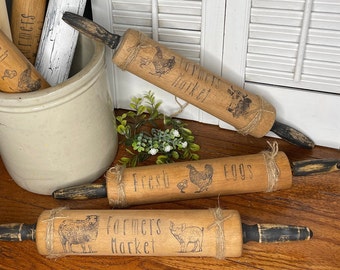 Wood Rolling Pins, Farmers Market, Fresh Eggs, Decorated Farm Animal Cow Chicken Sheep Pig Rolling Pins, Refinished Farmhouse