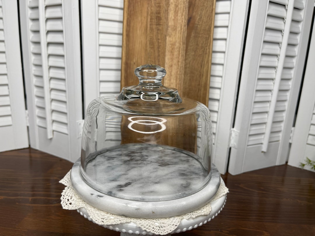 Vintage Small Marble Cheese Tray With Glass Dome Cloche, Grey and White