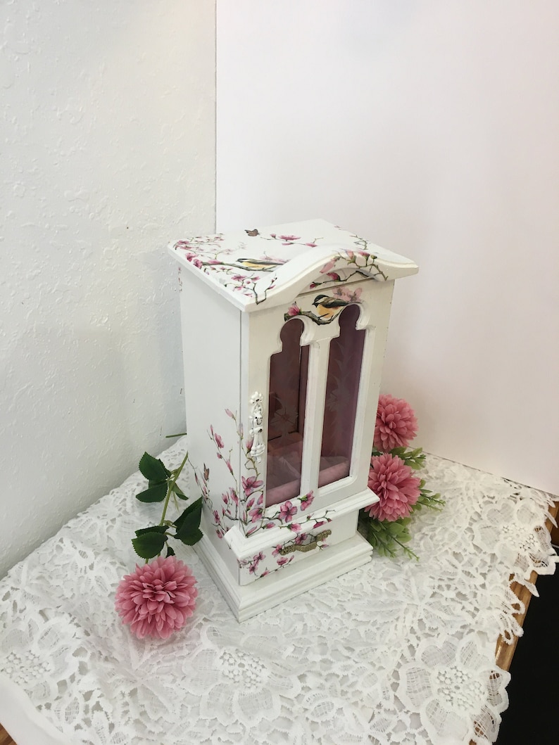Refinished Jewelry Box Upcycled Jewelry Box Bedroom Vintage Floral Pink Cherry Blossom Flowers Wood Jewelry Box