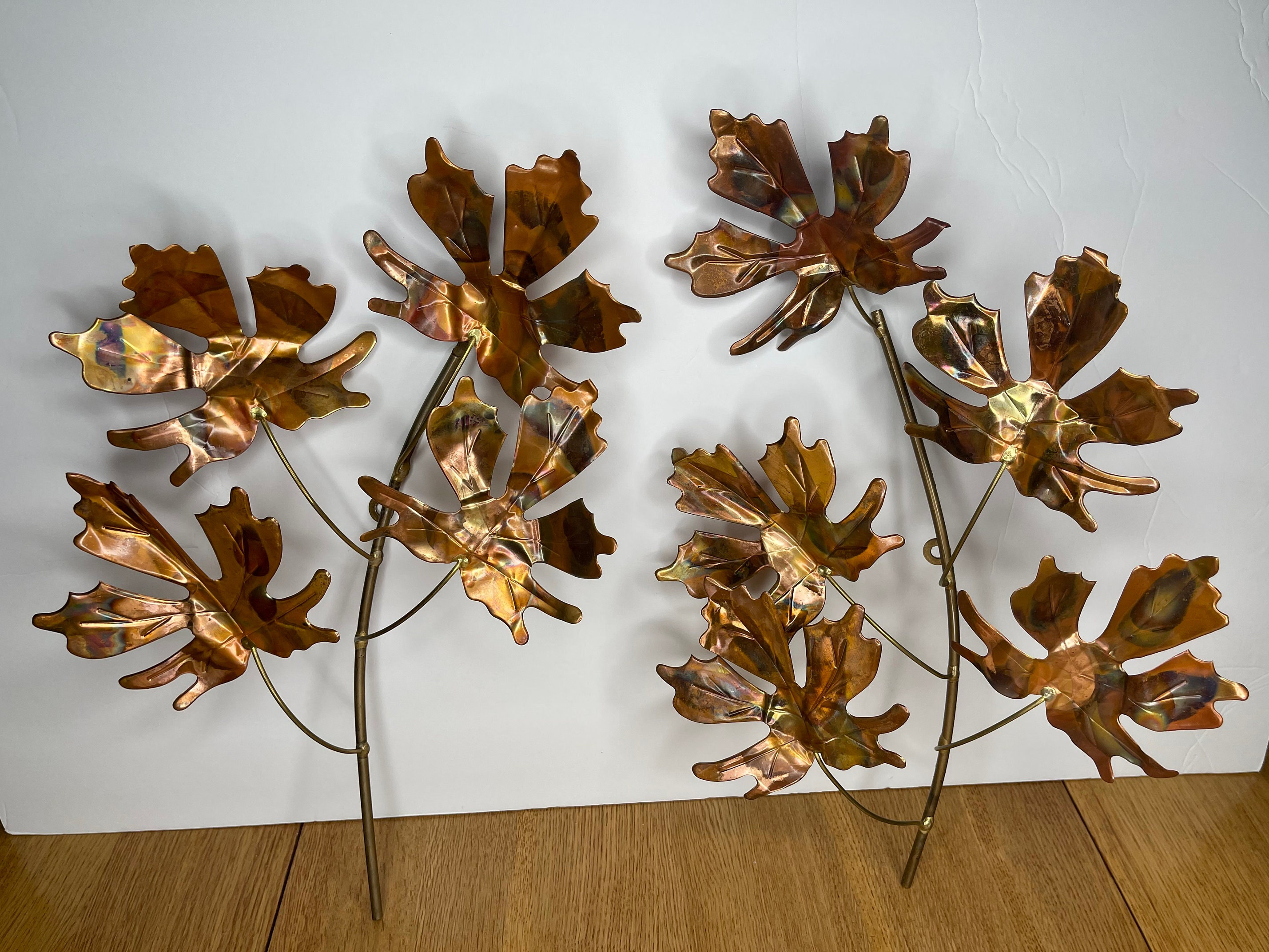 Vintage Mid Century Copper Maple Leaf Leaves Metal Wall Hanging