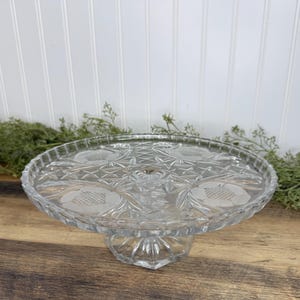 Vintage Lead Crystal Pedestal Cake Stand, Etched Flowers with Scalloped Edges