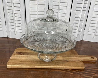 Vintage Anchor Hocking Ribbed Pedestal Cake Stand with Cloche Dome, Plate-Doubles as Punch Bowl
