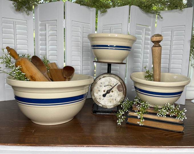 Vintage Roseville Ohio Pottery Mixing Bowls White With Blue Stripes, FP