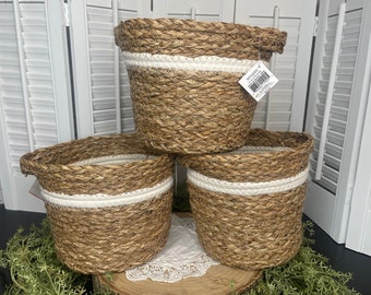 Basket with Handles, Decorative Woven Tan Brown Basket with White Stripe