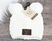 Baby Ivory Double Pom Beanie with LV Monogram Patch