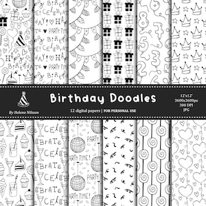 Pack de papier numérique Birthday Doodles - 12 papiers imprimables en noir et blanc pour un usage personnel - modèles de fête d'anniversaire